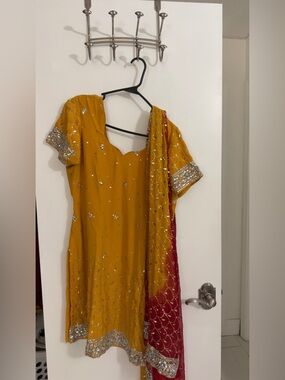Mustard Yellow and Red Salwar Suit